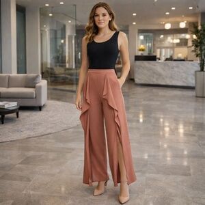 BCBGMaxAzria Jackee Office Siren Front Slit Wide Leg Ruffle Palazzo Pants M NWT